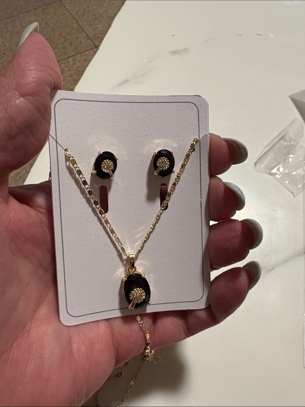 Gold and Black Stone Pendant Necklace & Earring Set - Elegant Women’s Jewelry